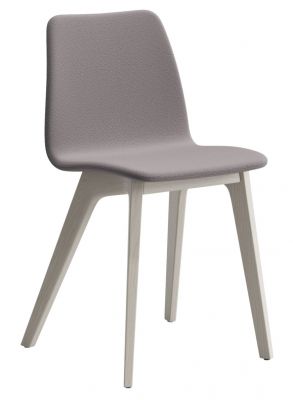Morph Holzstuhl mit grauem Polsterstoff und hellem Holzgestell, moderner Esszimmerstuhl.