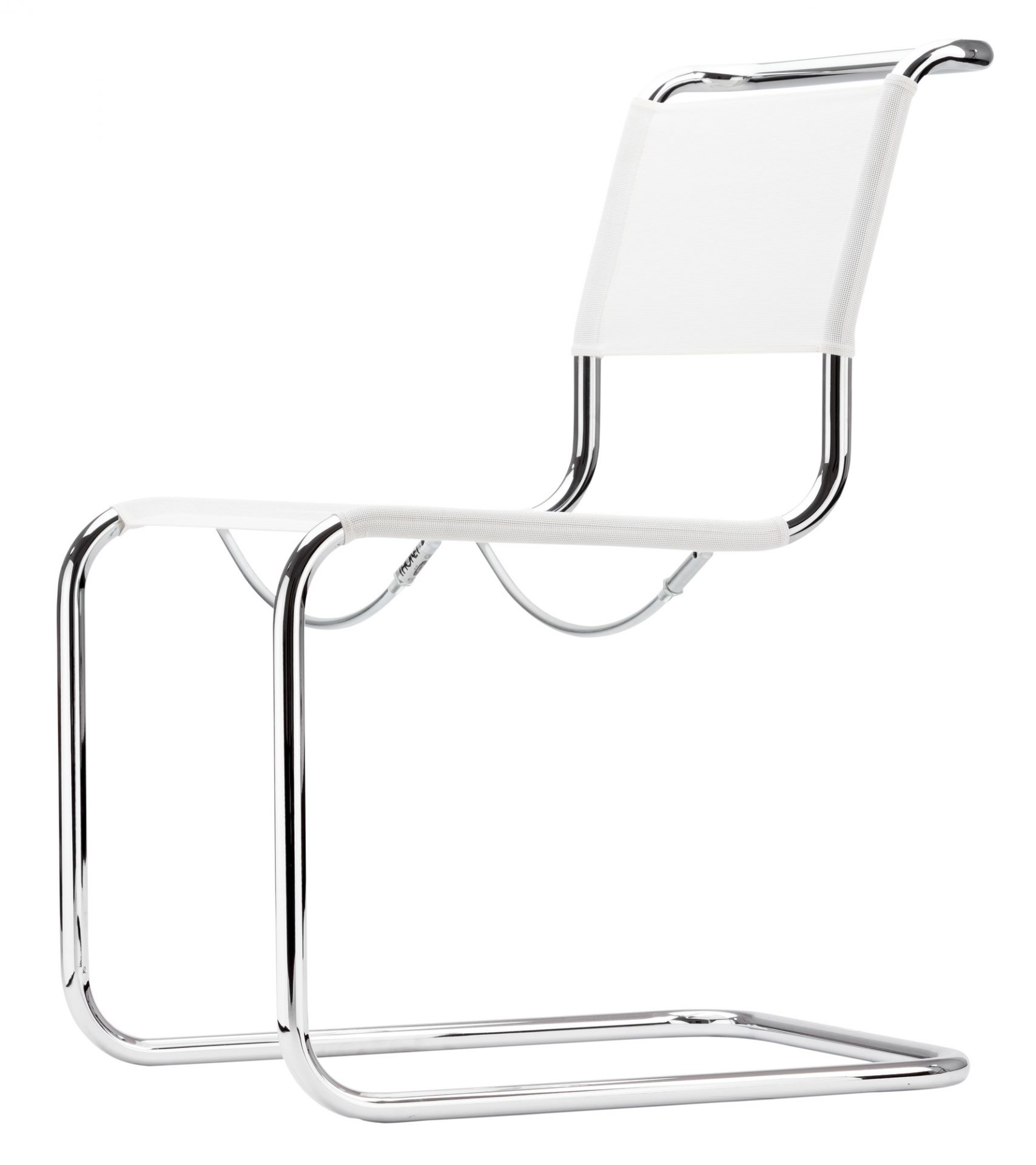 Weißer Thonet S 33 N Freischwinger mit verchromtem Stahlrohrgestell und Stoffbespannung, seitliche Ansicht. Designklassiker für modernes Wohnen.