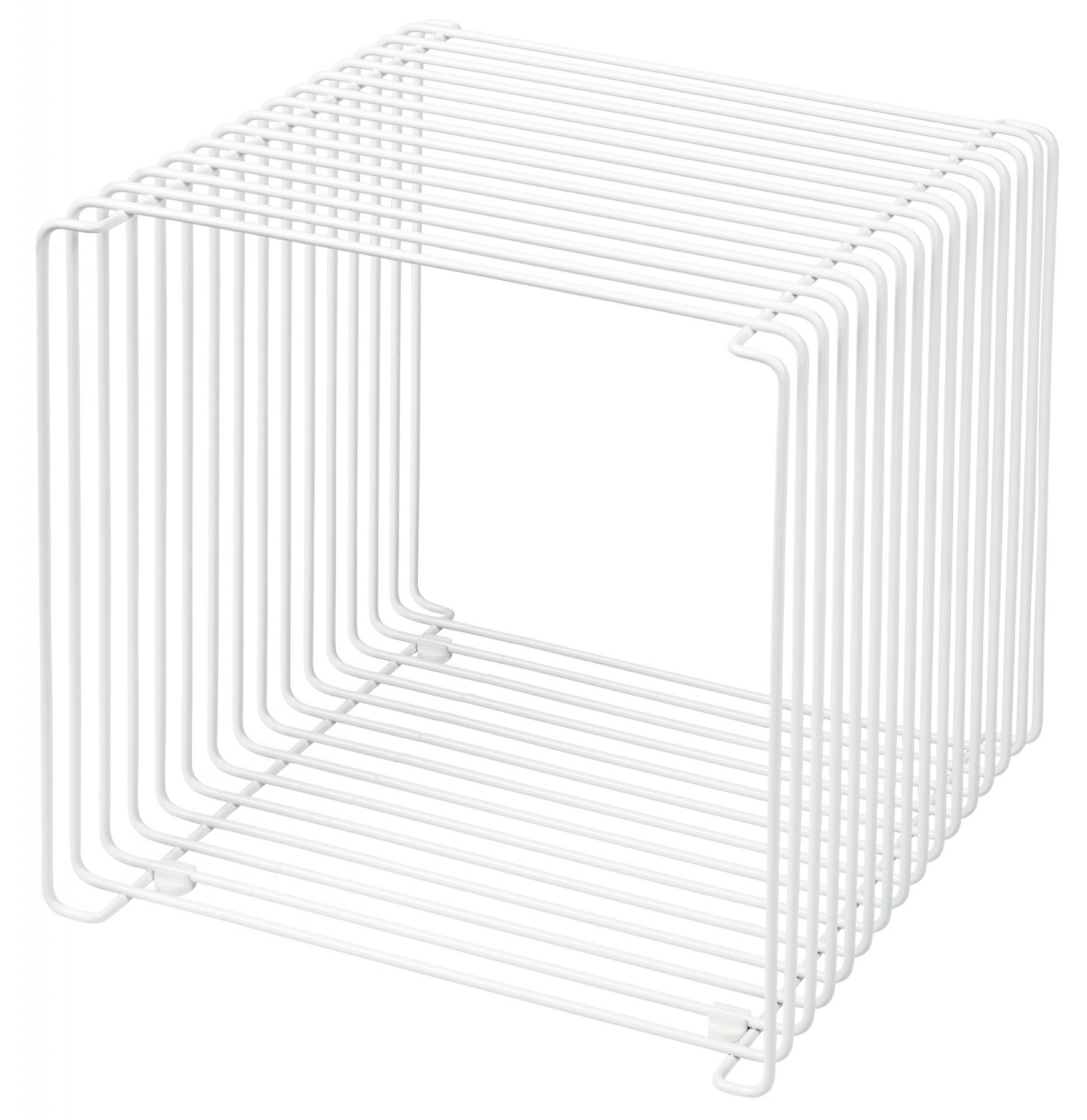 Montana Wire Cube Regal, weiß lackiert, minimalistisches Design für moderne Wohnräume, Drahtregal zur Wandmontage oder als freistehendes Element.