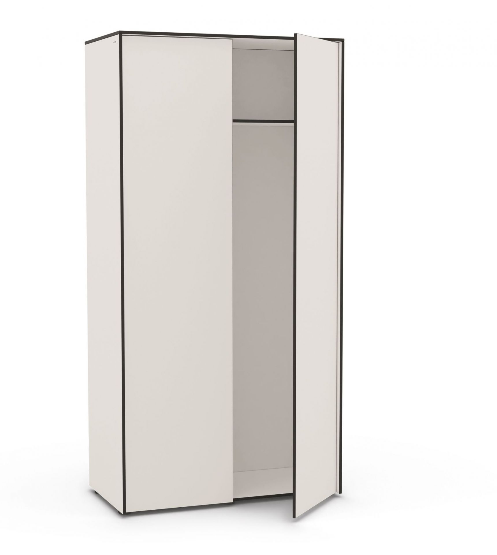 Ordo Gartenschrank in Taupe von Conmoto mit offener Tür und Kleiderstange.