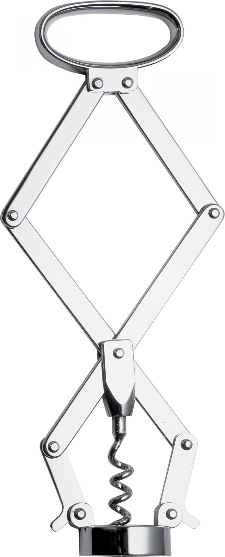 Alessi JM06 Socrates Korkenzieher aus glänzendem Edelstahl, Scherenmechanismus und Spirale.