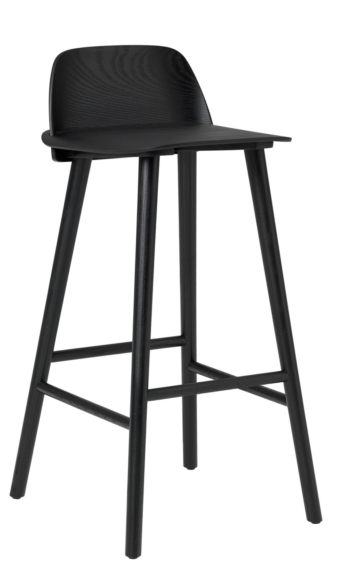 Schwarzer Nerd Barhocker von Muuto, H 75 cm, aus Holz mit Rückenlehne und Fußstütze.