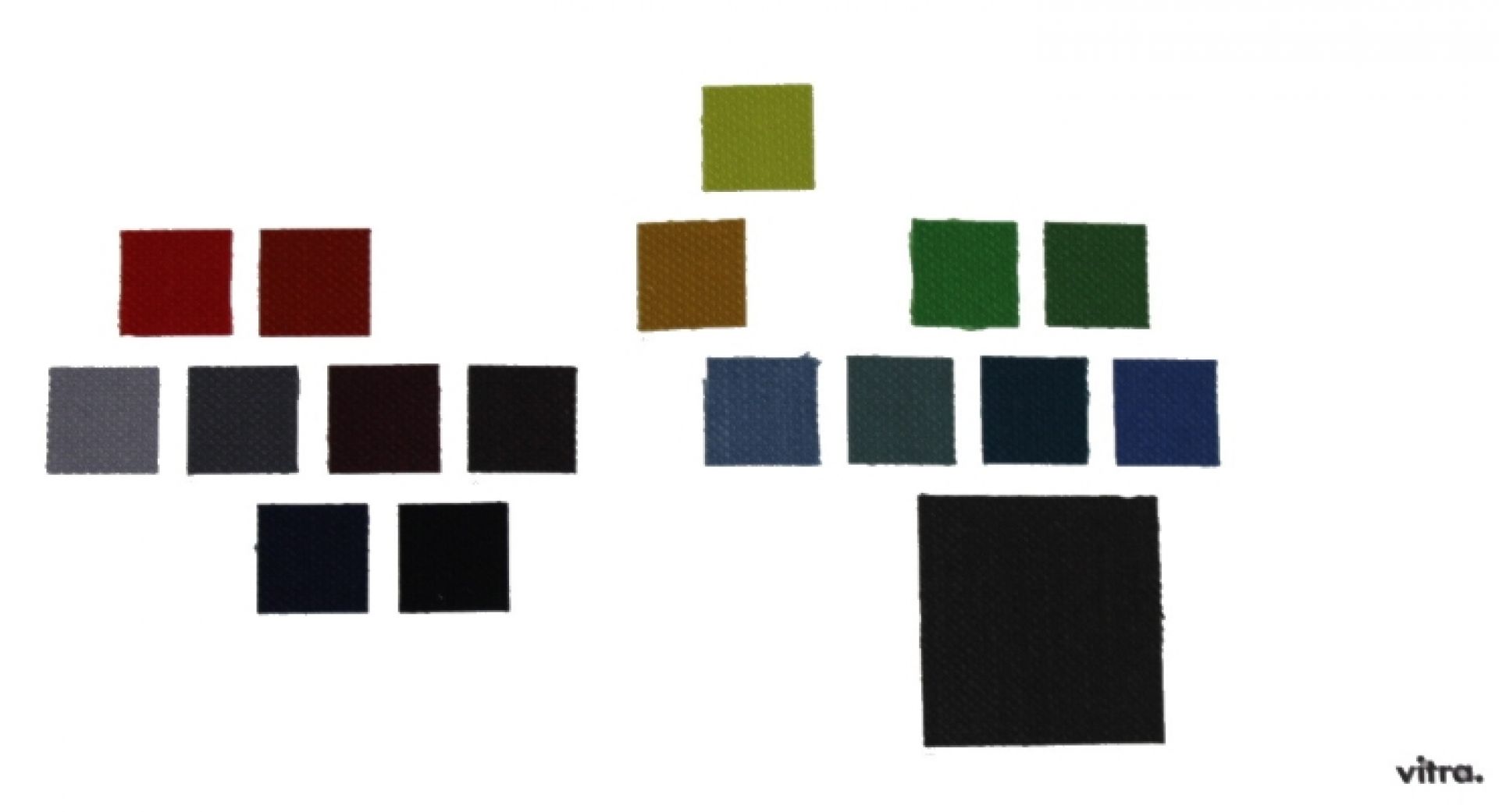 Stoffmusterkarte Volo von Vitra: Farbpalette mit verschiedenen Stoffmustern in Rot, Grau, Grün und Blau.
