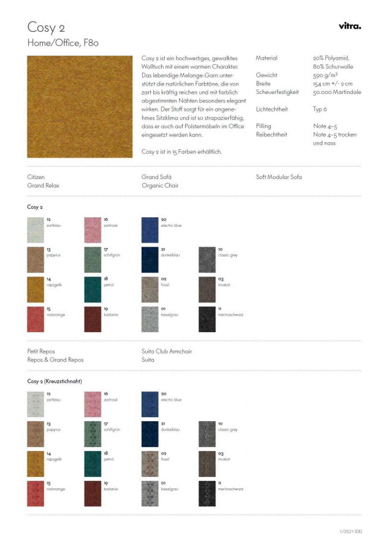 Vitra Cosy 2 Stoffmusterkarte: Übersicht der verfügbaren Farben und Materialeigenschaften für Möbelstoffe.