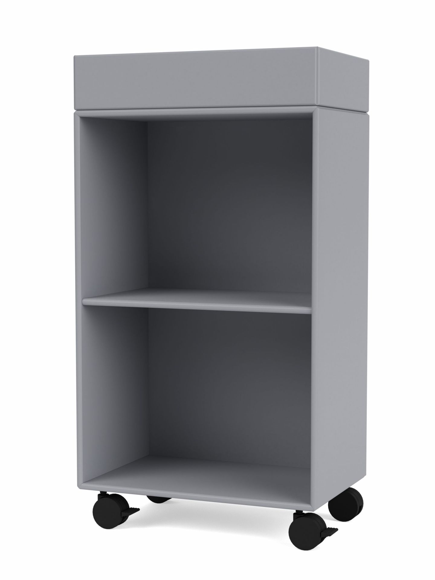 Grauer PREPPY Wagen mit zwei offenen Fächern und schwarzen Rollen für flexible Aufbewahrung.