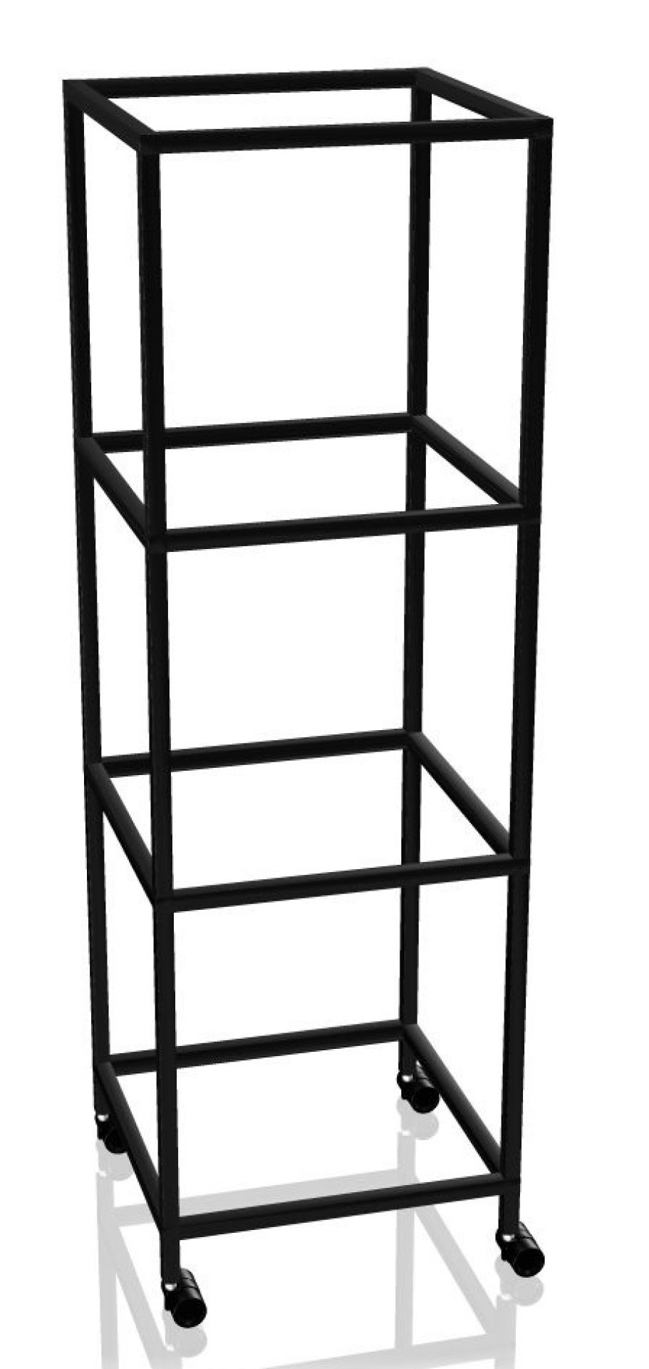 Schwarzes P4 Regal von Palmberg mit drei Fächern und Rollen, ideal für Büro und Homeoffice.