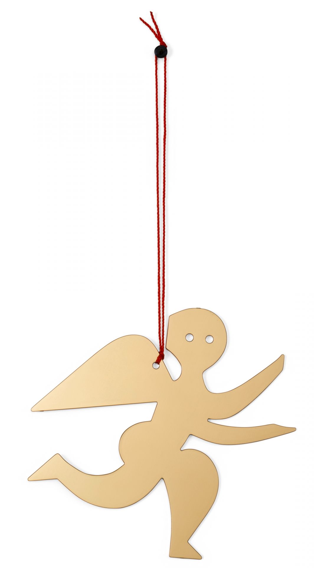 Goldener Vitra Engel Ornament mit roter Kordel, festliche Weihnachtsdekoration für den Baum oder als Anhänger.