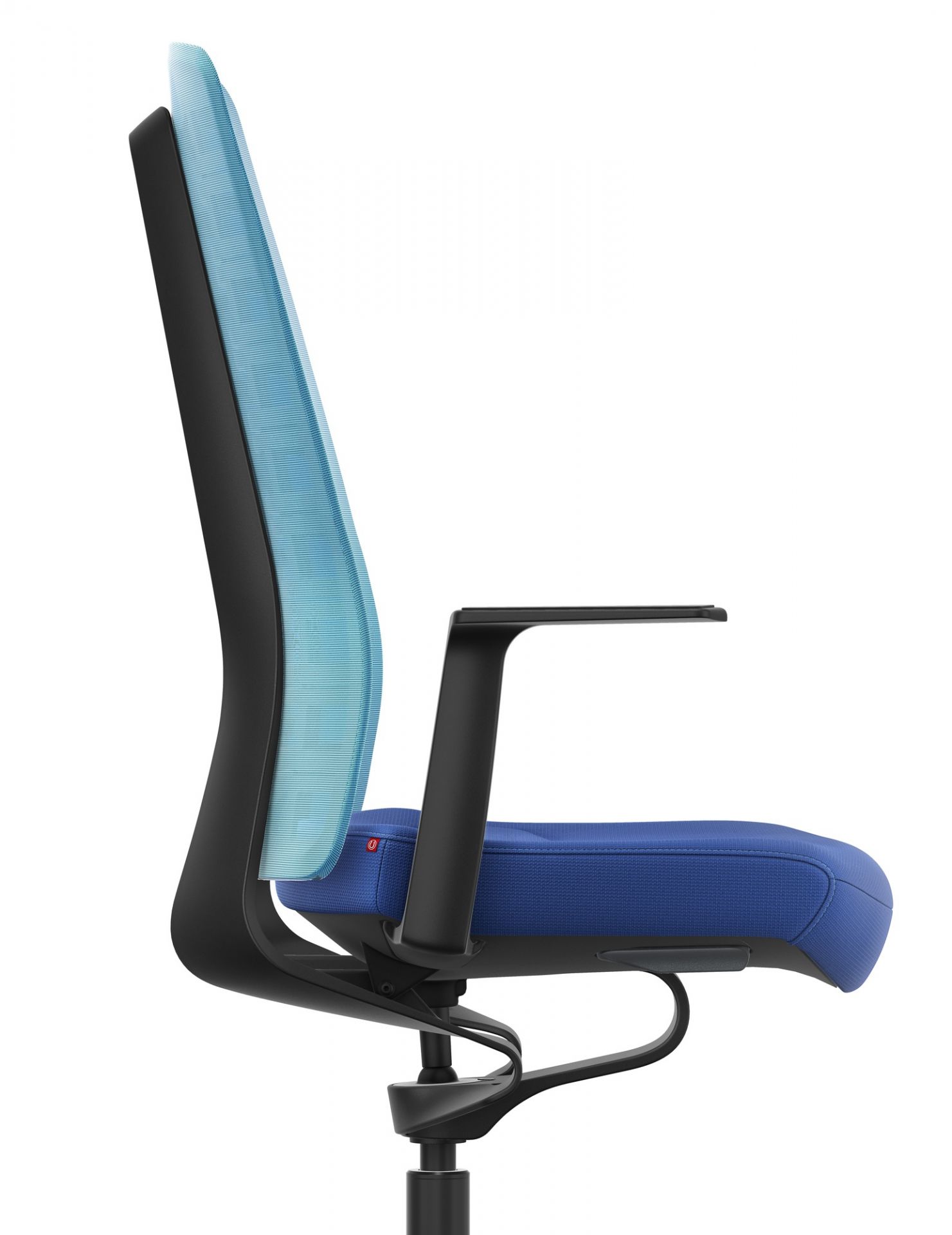 Hellblau-blauer Interstuhl Bürodrehstuhl mit Armlehnen, ergonomisch und modern für das Büro. Bürostuhl im Detail.