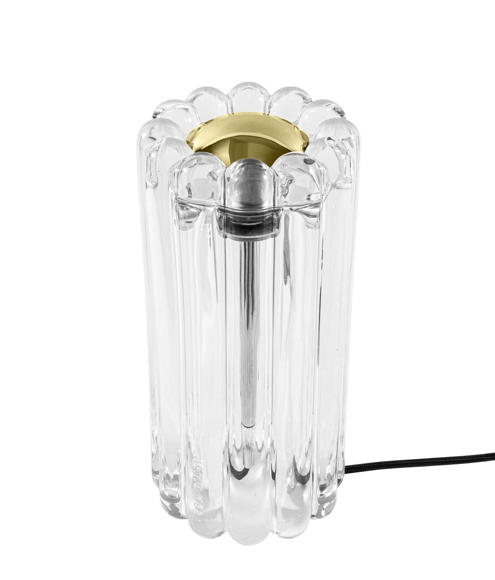 Press Tischleuchte von Tom Dixon aus transparentem Glas mit goldenem Detail, moderne Beleuchtung.