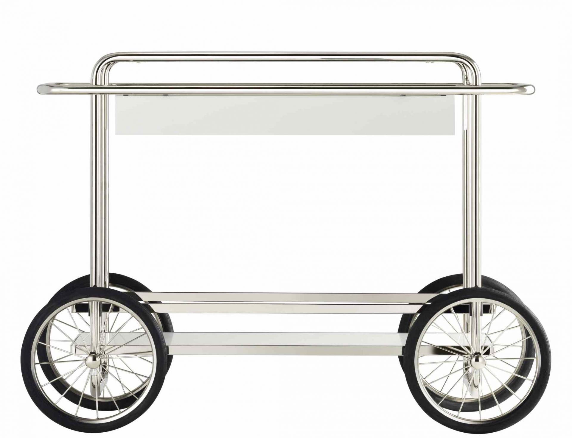 M4RS Konsolenwagen von Tecta: Moderner Barwagen mit silbergrauem Gestell und weißen Ablageflächen.