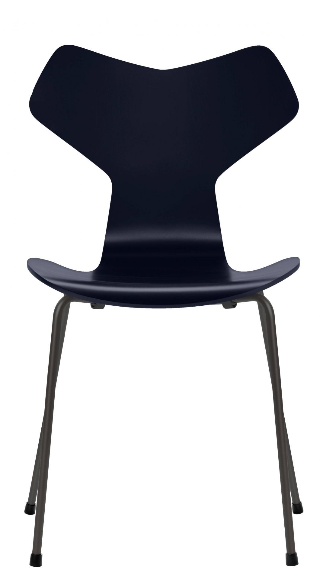 Blauer Grand Prix Stuhl von Fritz Hansen, moderner Designklassiker mit eleganten Metallbeinen.