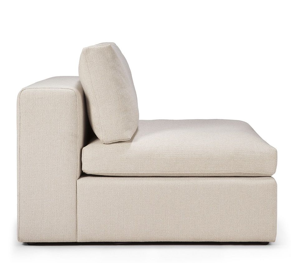 Seitenansicht des Mellow Sofas von Ethnicraft, ein 1-Sitzer in Off White Eco Stoff.