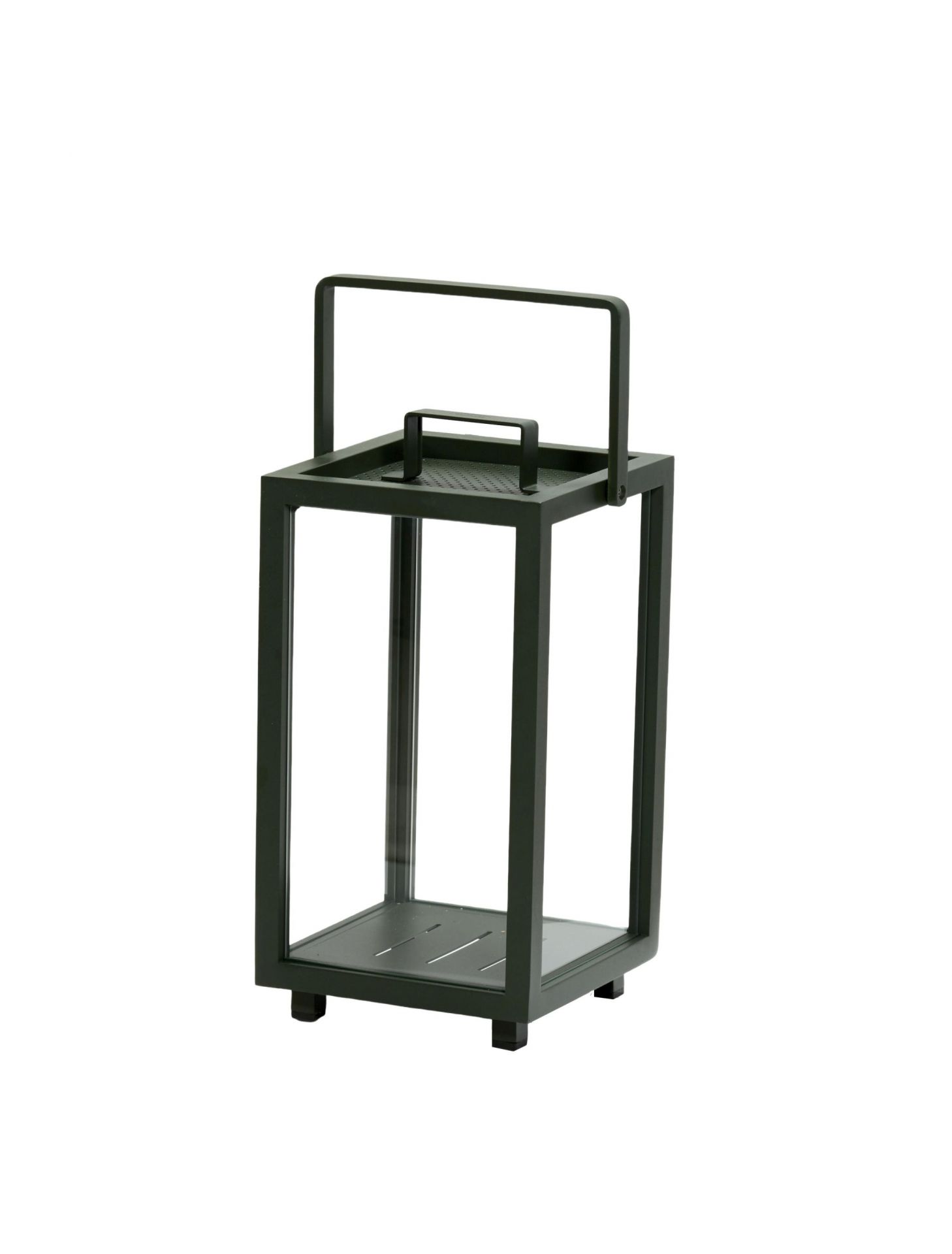 Dunkelgrüne Cane-Line Lighthouse Laterne klein aus Aluminium mit Glaswänden für Kerzenlicht.