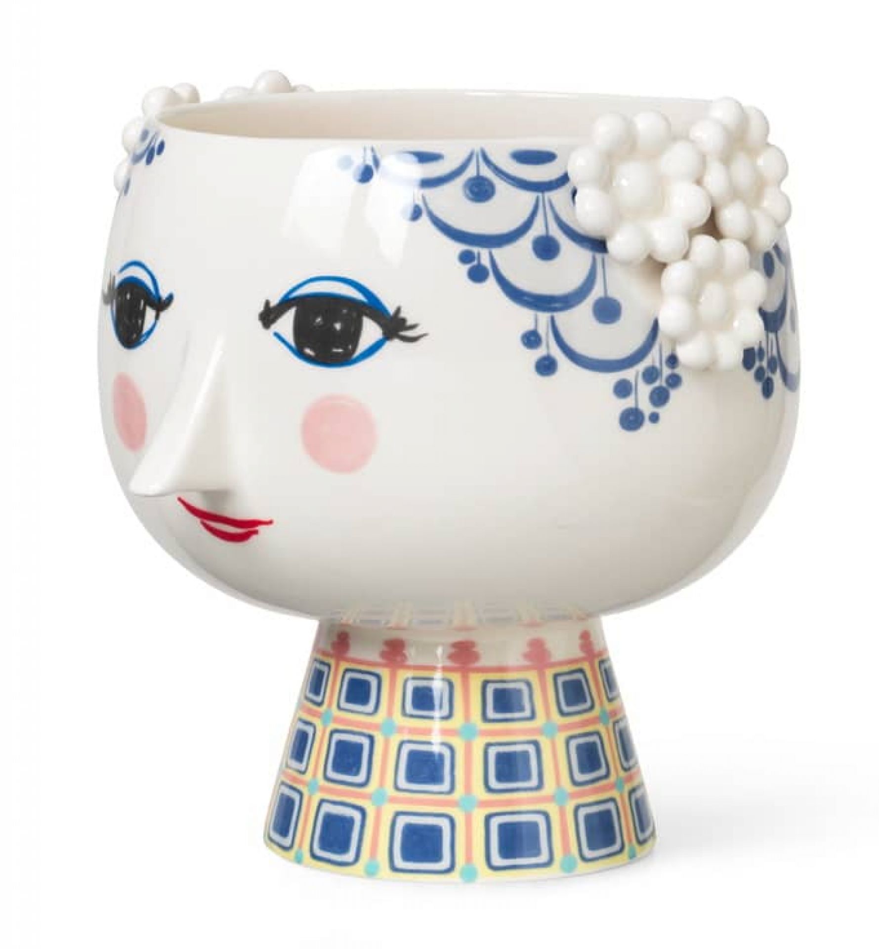 Blauer Eva Blumentopf von Bjorn Wiinblad, Keramik, mit Gesicht und floralen Details.