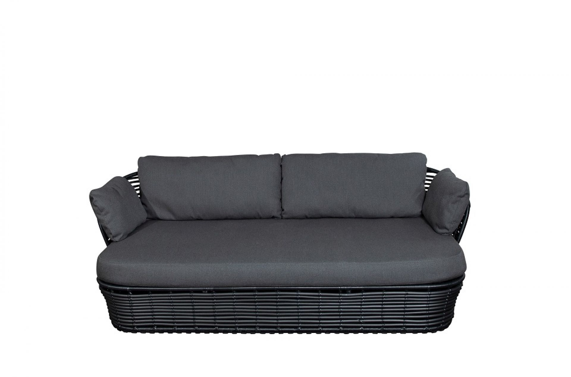 Basket Outdoor Sofa 2-Sitzer mit graphitfarbenem Cane-Line Gestell und grauen Kissen. Gartenmöbel für Terrasse.
