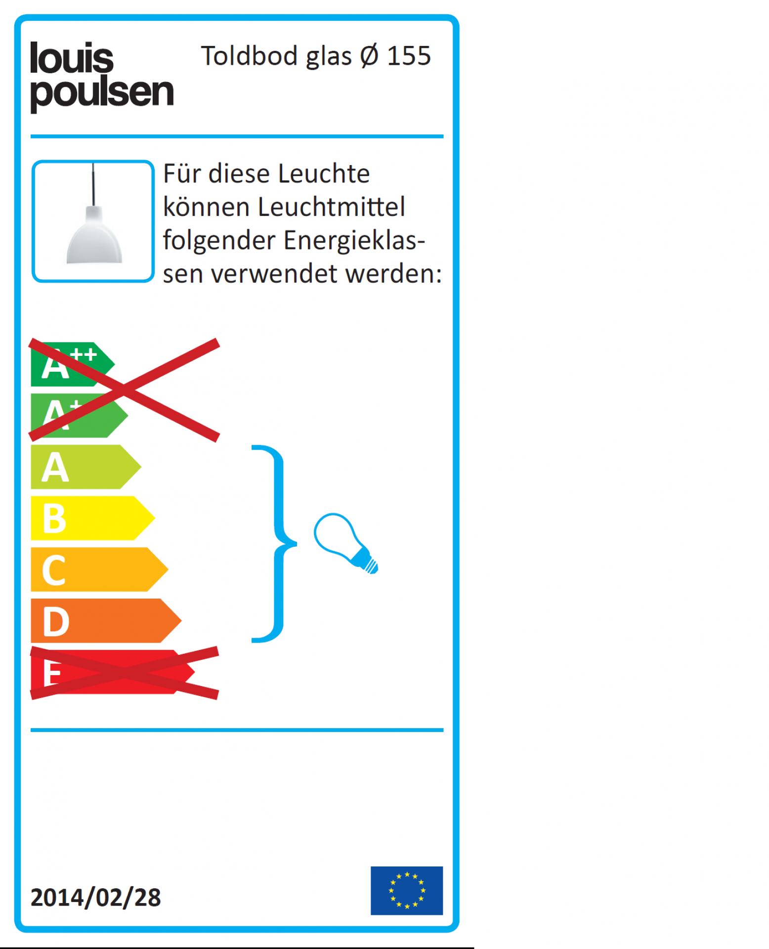 Energielabel für Louis Poulsen Toldbod Glas Pendelleuchte mit Energieeffizienzklassen von A bis D.