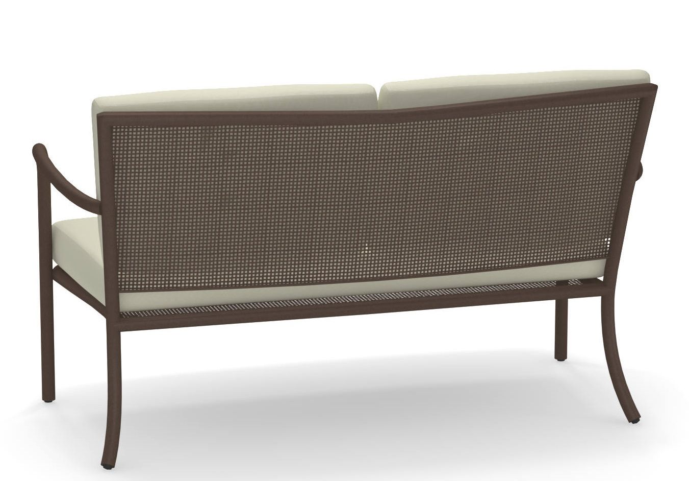 Rückansicht des Athena Outdoor Sofas von Emu, ein 2-Sitzer Gartensofa mit Rattanmuster.