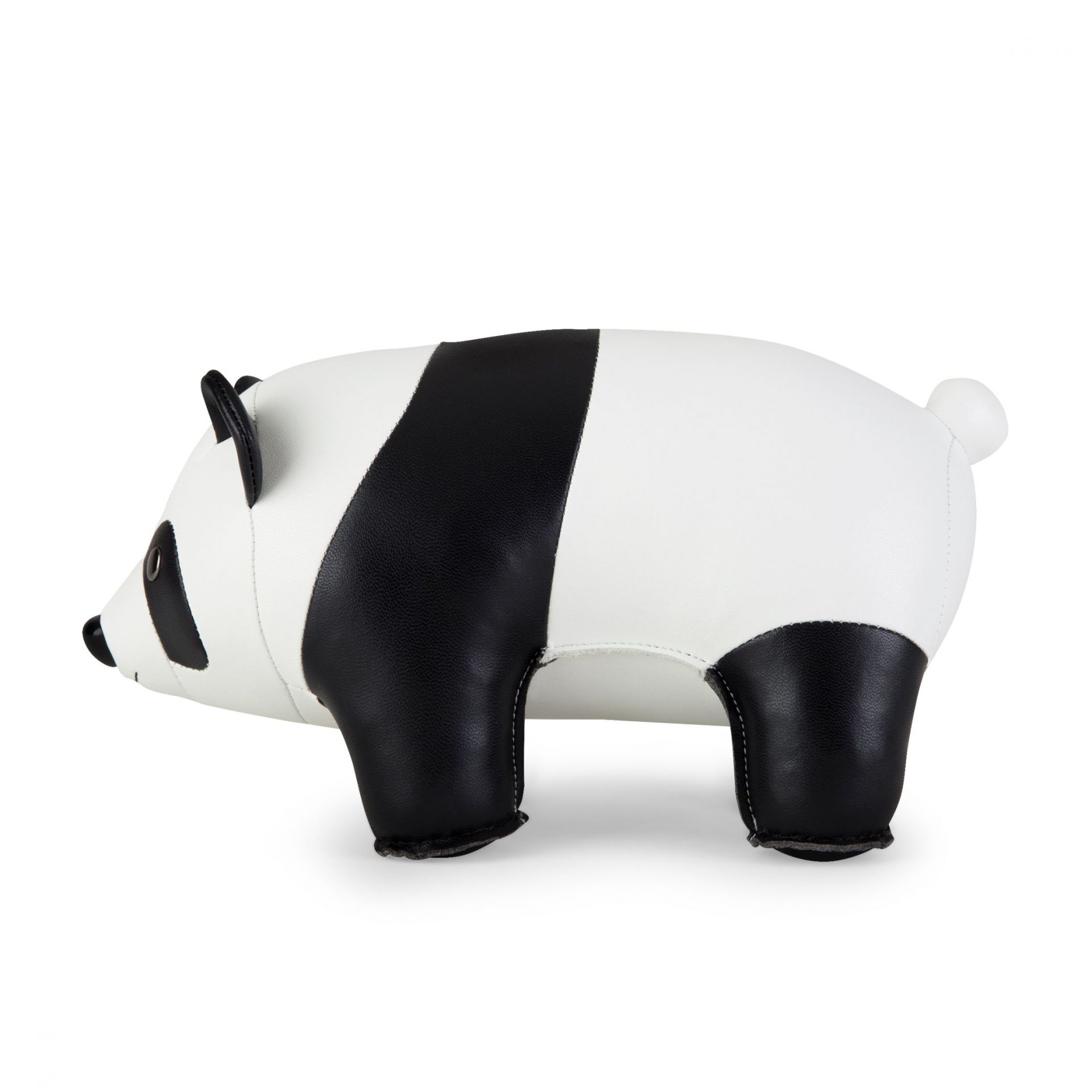Züny Panda Buchstütze, weiß-schwarz, aus Kunstleder, seitliche Ansicht. Dekorative Buchstütze für Kinderzimmer und Wohnbereich.