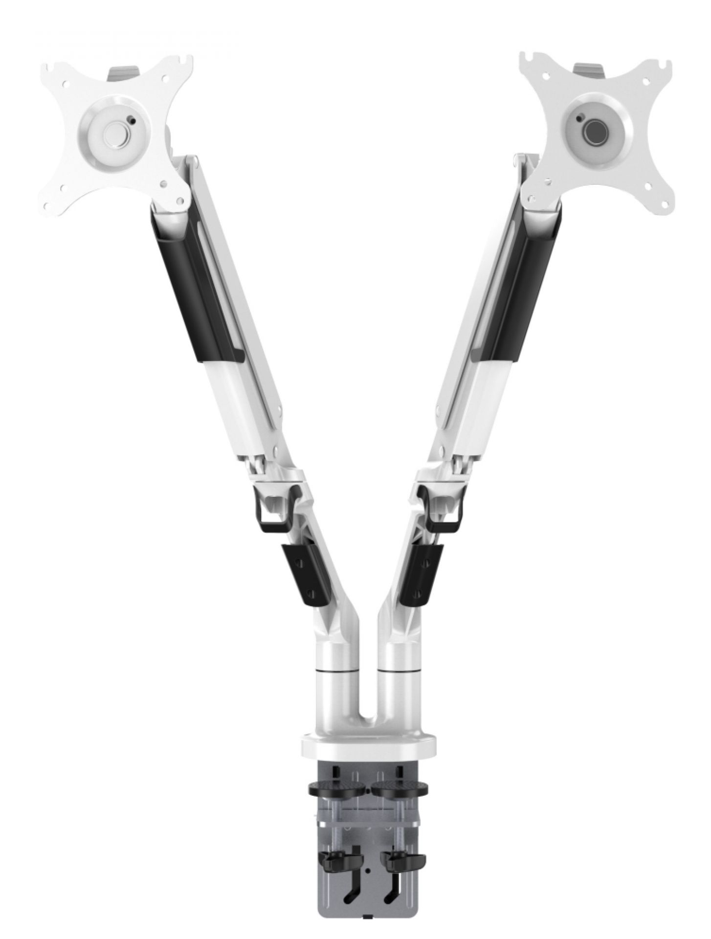 Weißer Monitor Schwenkarm für zwei Monitore zur flexiblen Bildschirmpositionierung am Arbeitsplatz.