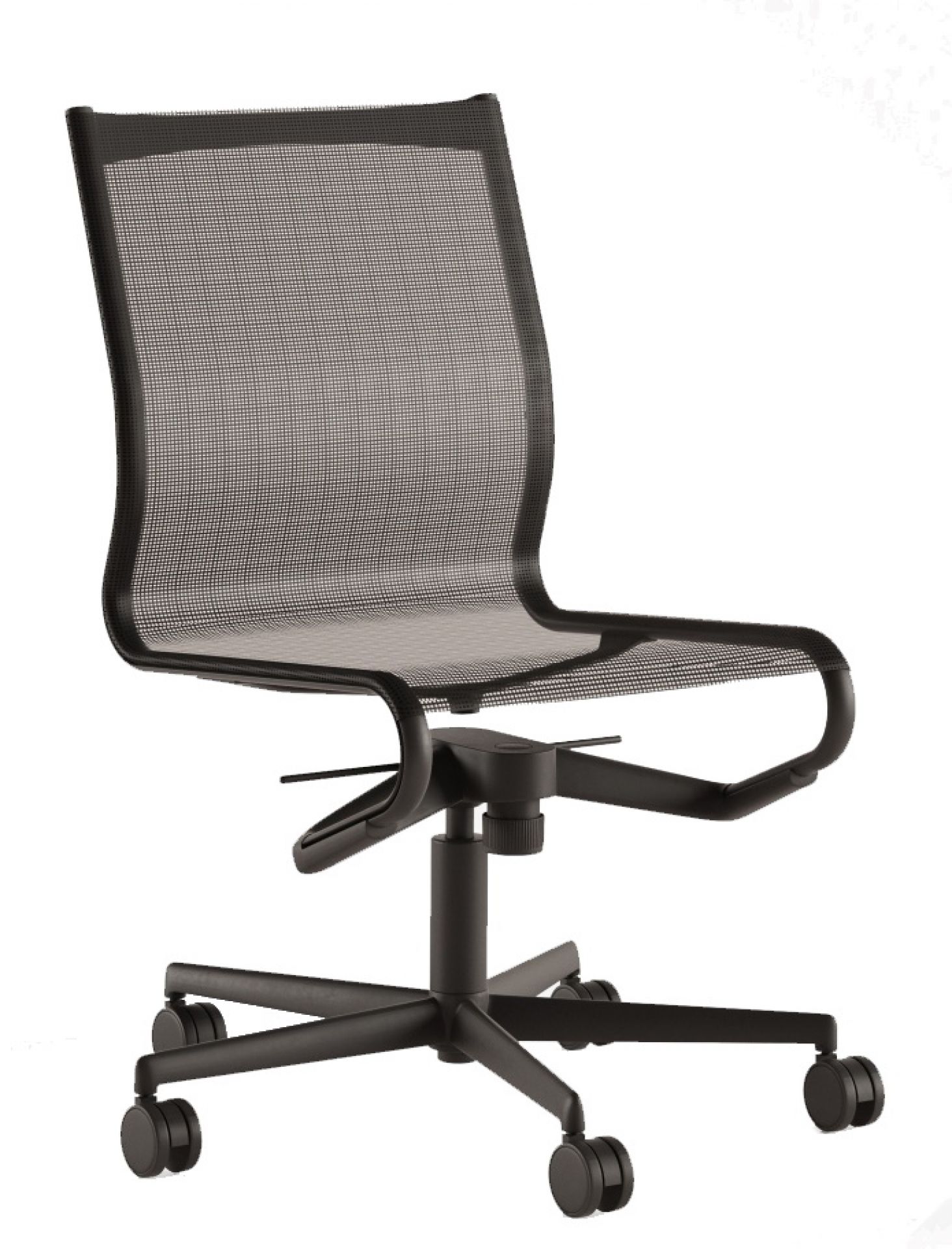 Schwarzer Rollingframe Drehstuhl mit Netzbezug, ergonomisch und modern für Büro oder Homeoffice.