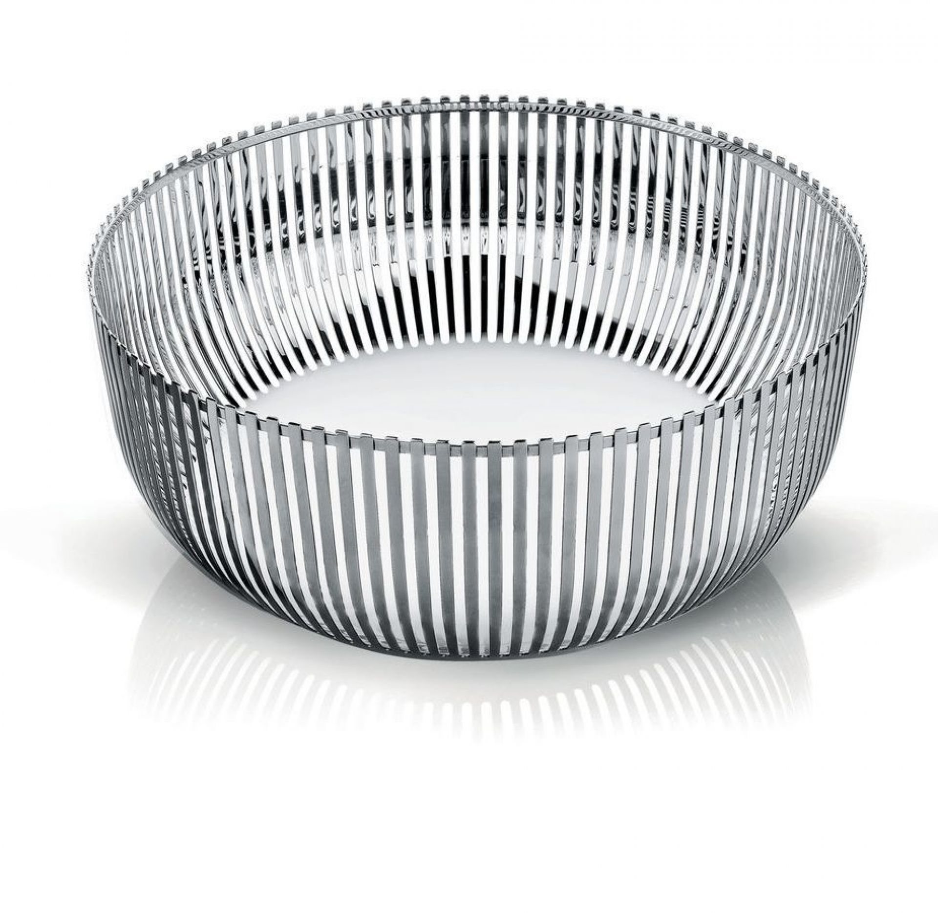 Alessi Obstschale aus poliertem Edelstahl, modernes Design für Obst und Dekoration.