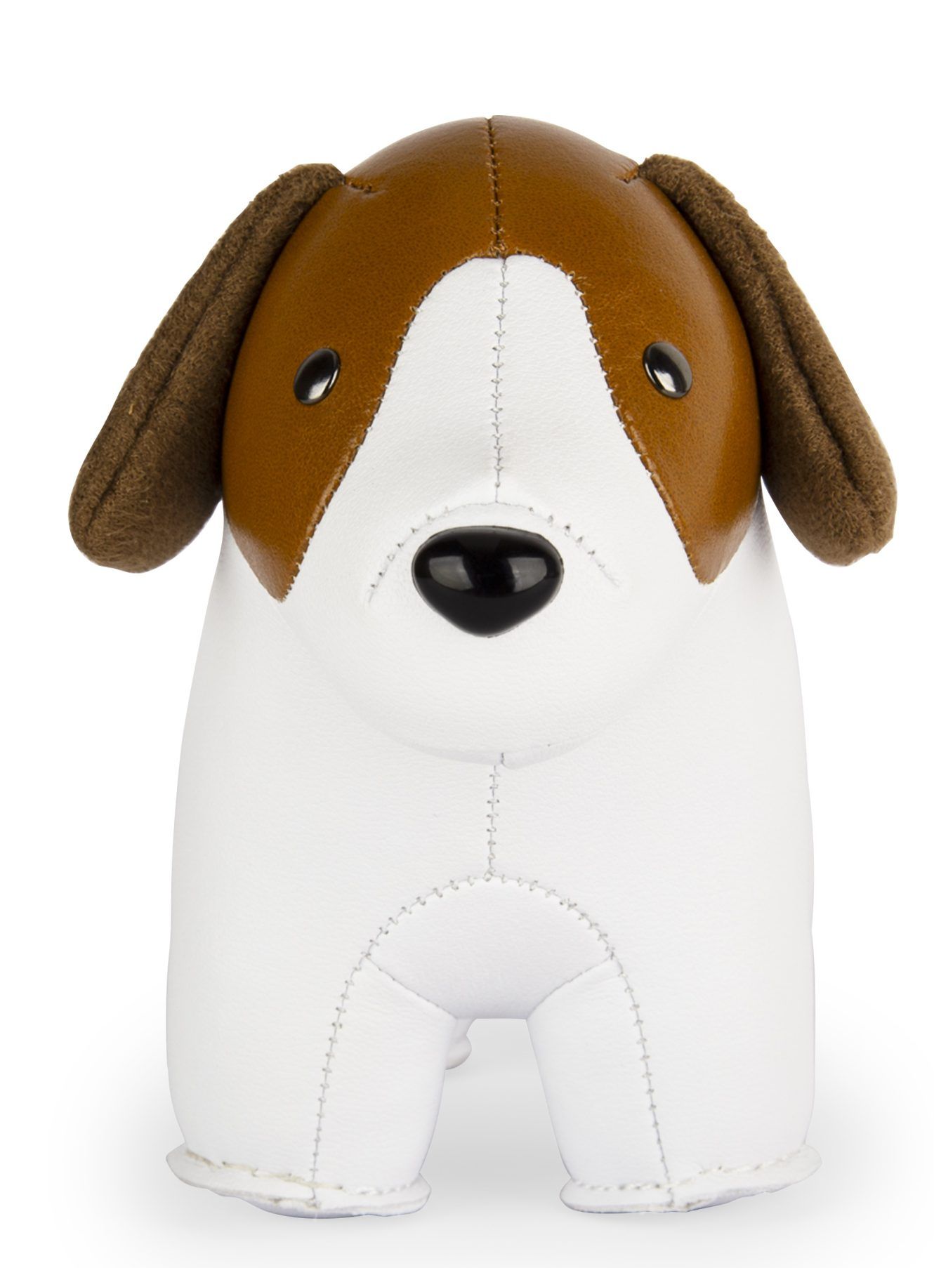 Briefbeschwerer Beagle: Niedlicher, weiß-brauner Deko-Hund aus Kunstleder, ideal als Buchstütze oder Türstopper.