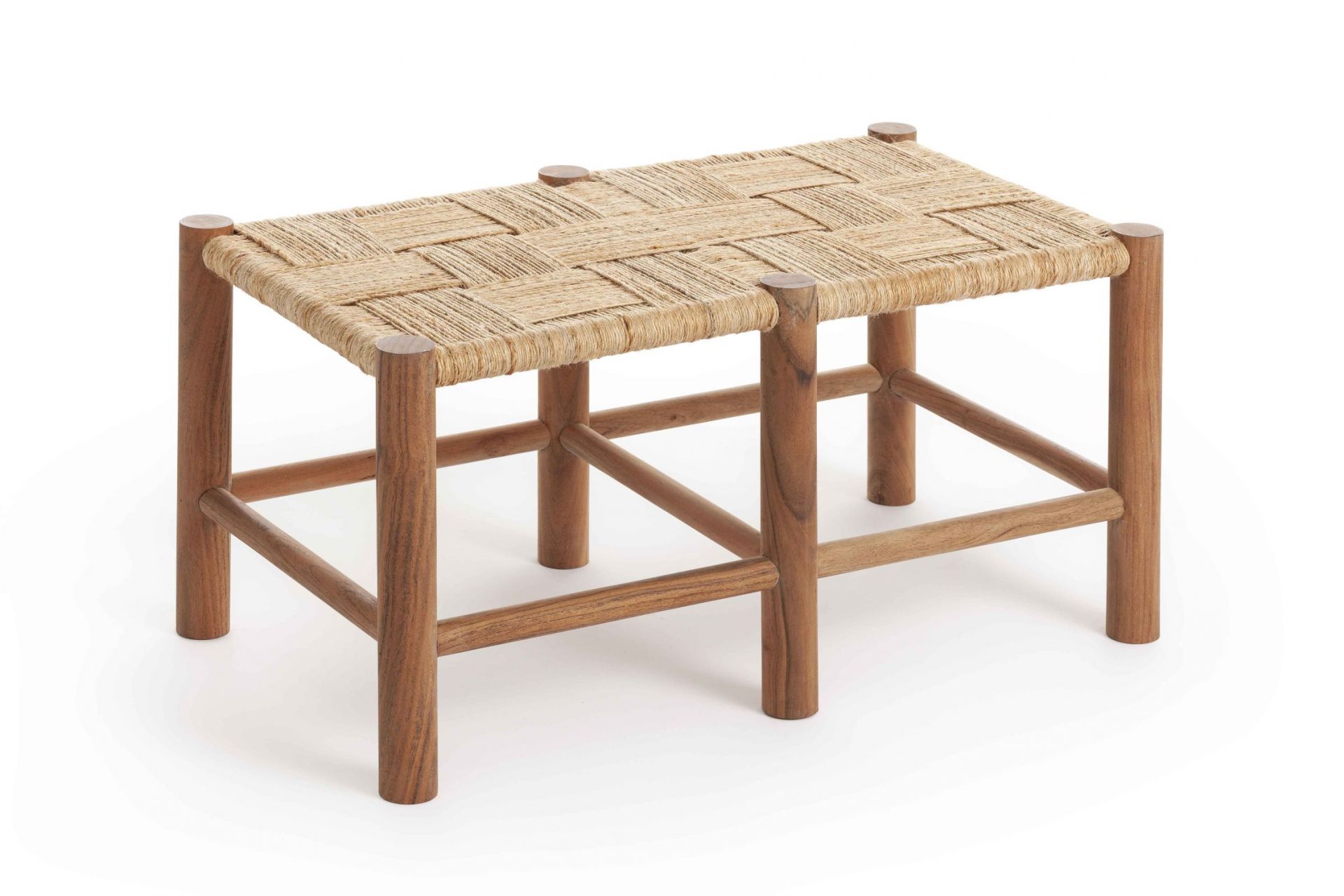Roots Hockerbank: Doppelter Hocker aus Holz mit geflochtener Sitzfläche aus Naturfasern.