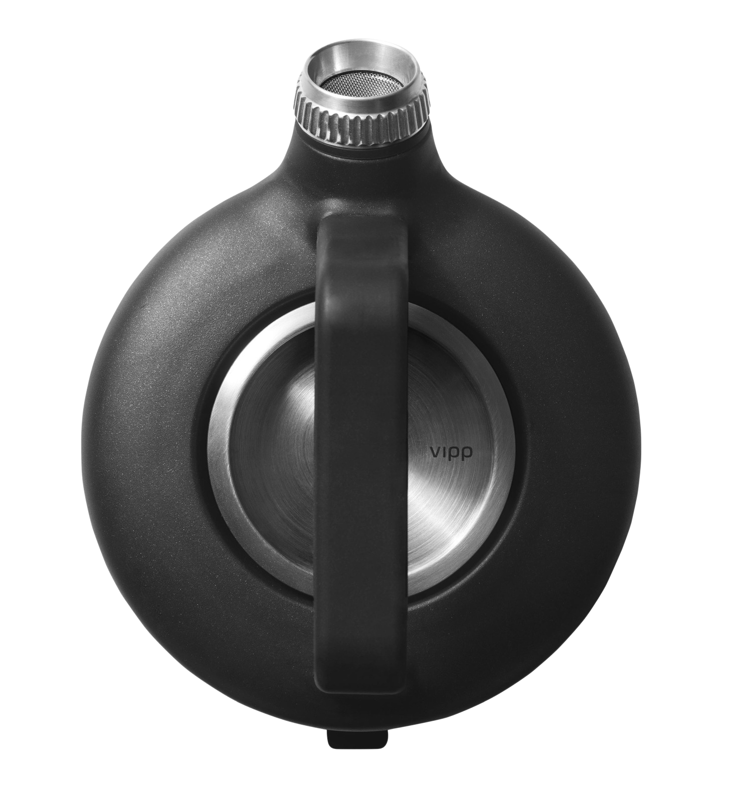 Schwarzer Vipp Wasserkocher von oben, mit Edelstahl-Details und minimalistischem Design für die moderne Küche.