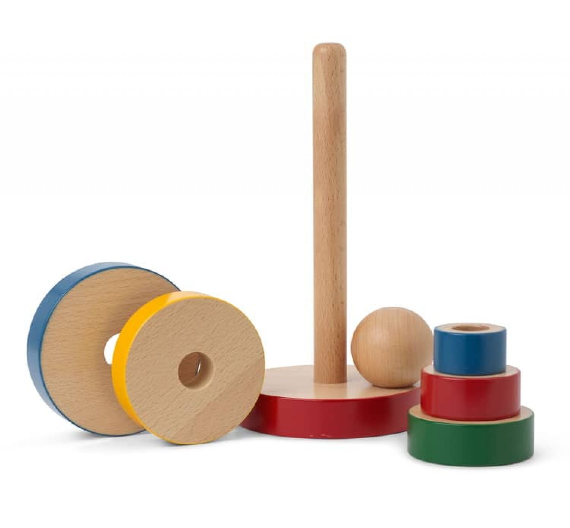 Kay Bojesen Stabelturm aus Holz, ein farbenfrohes Stapelspielzeug für Kinder, fördert spielerisch die Motorik.