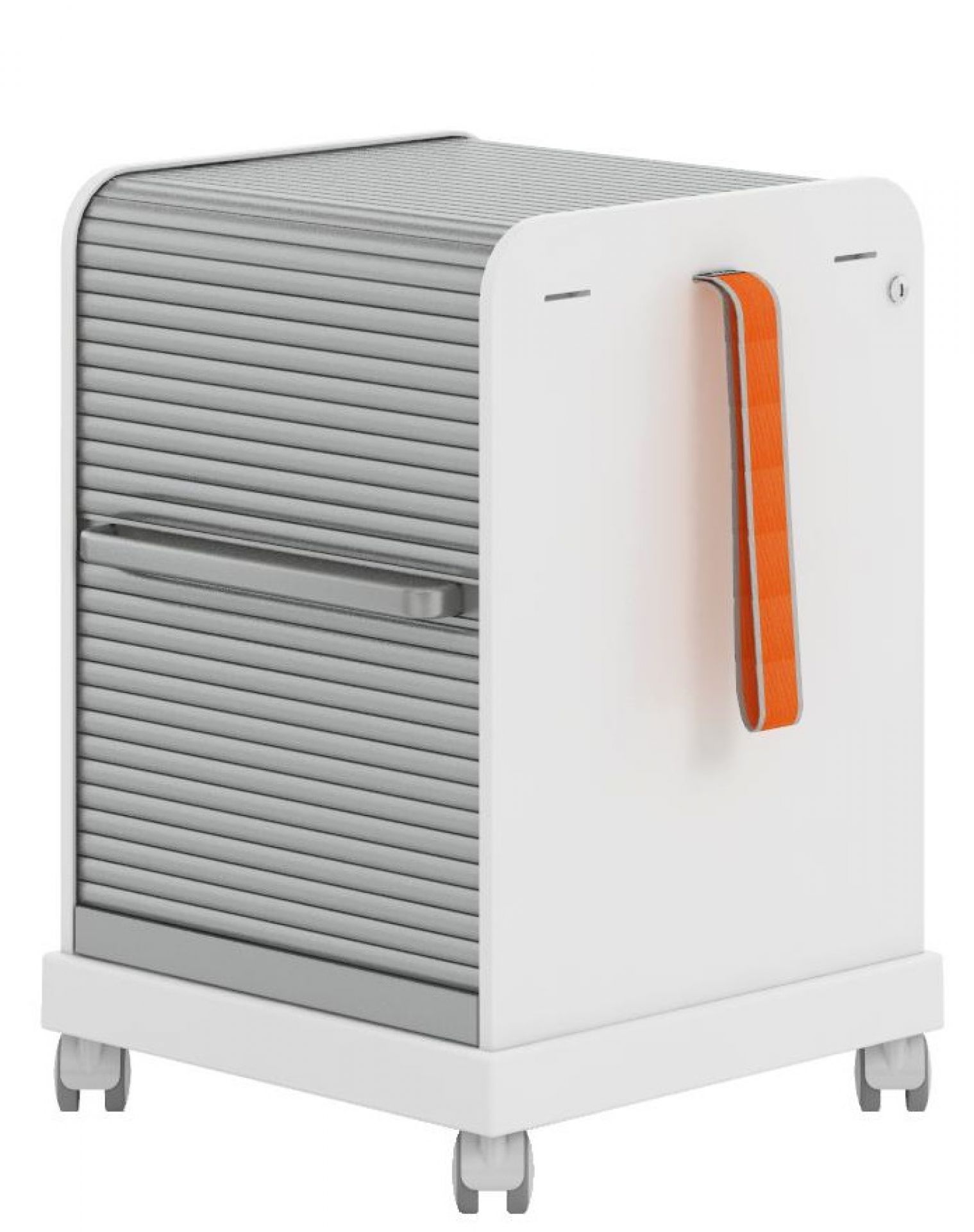 Weißer Rollcontainer mit Rollladen, orangefarbenem Griff und Rollen. Bürocontainer ähnlich dem Vitra Follow Me.