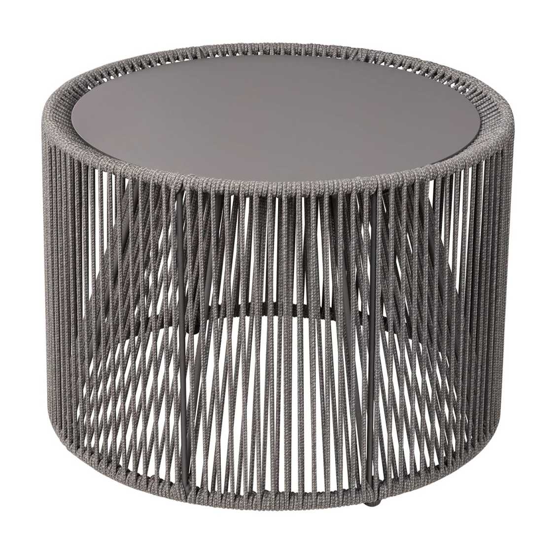 Grauer Blomus Rope Beistelltisch, H 35 cm, für Innen- und Außenbereich, mit Seil-Design.