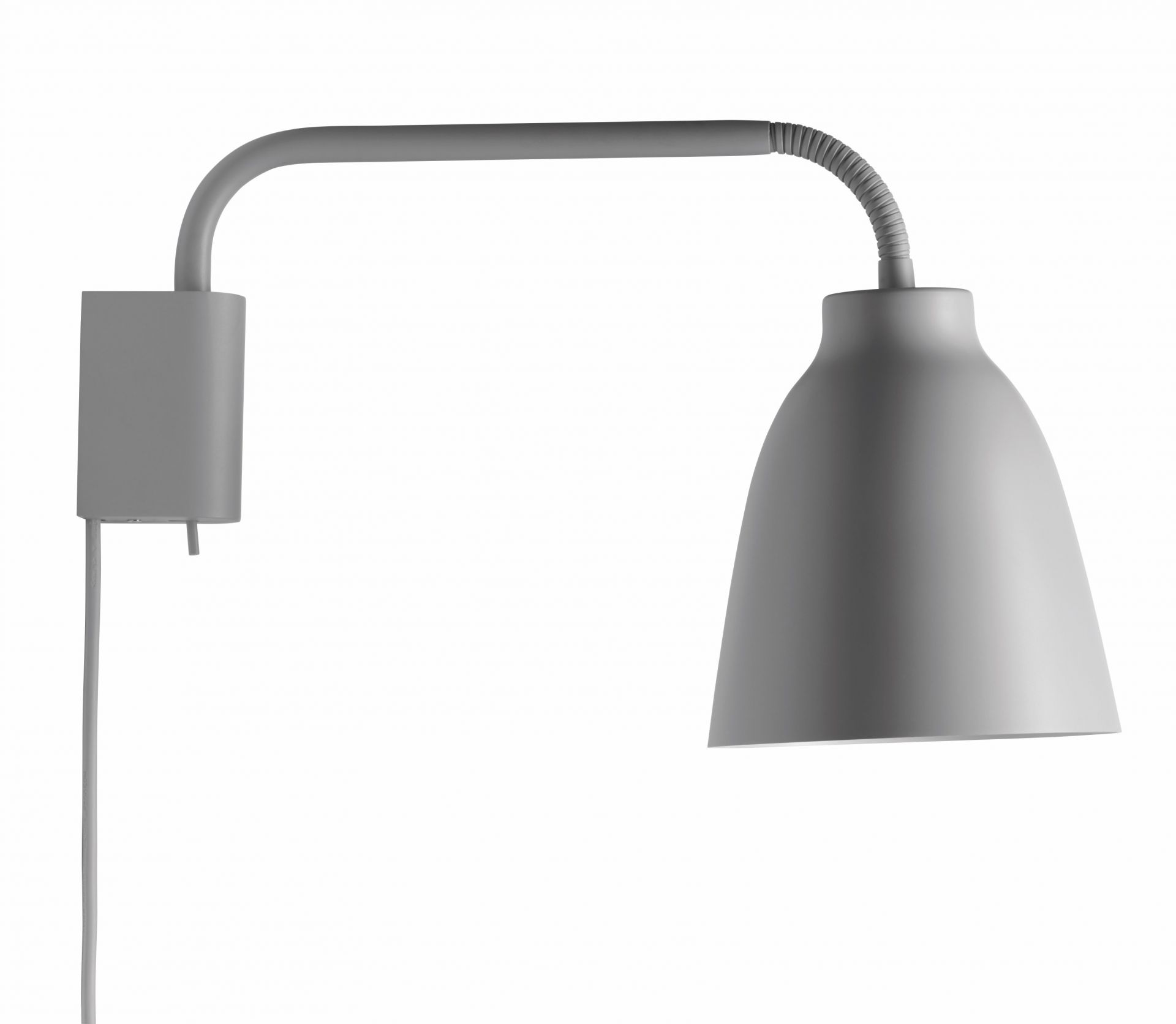 Graue Caravaggio Wandleuchte von Fritz Hansen mit schwenkbarem Lampenschirm und Kabel.