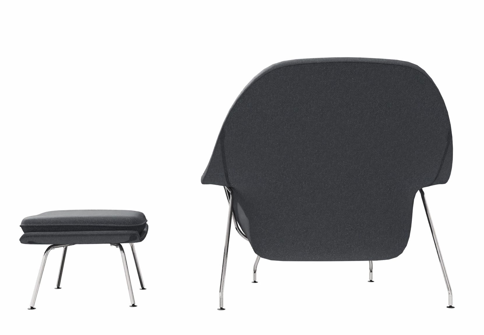 Rückansicht des grauen Womb Chair Sessel Relax von Knoll International mit passendem Hocker.