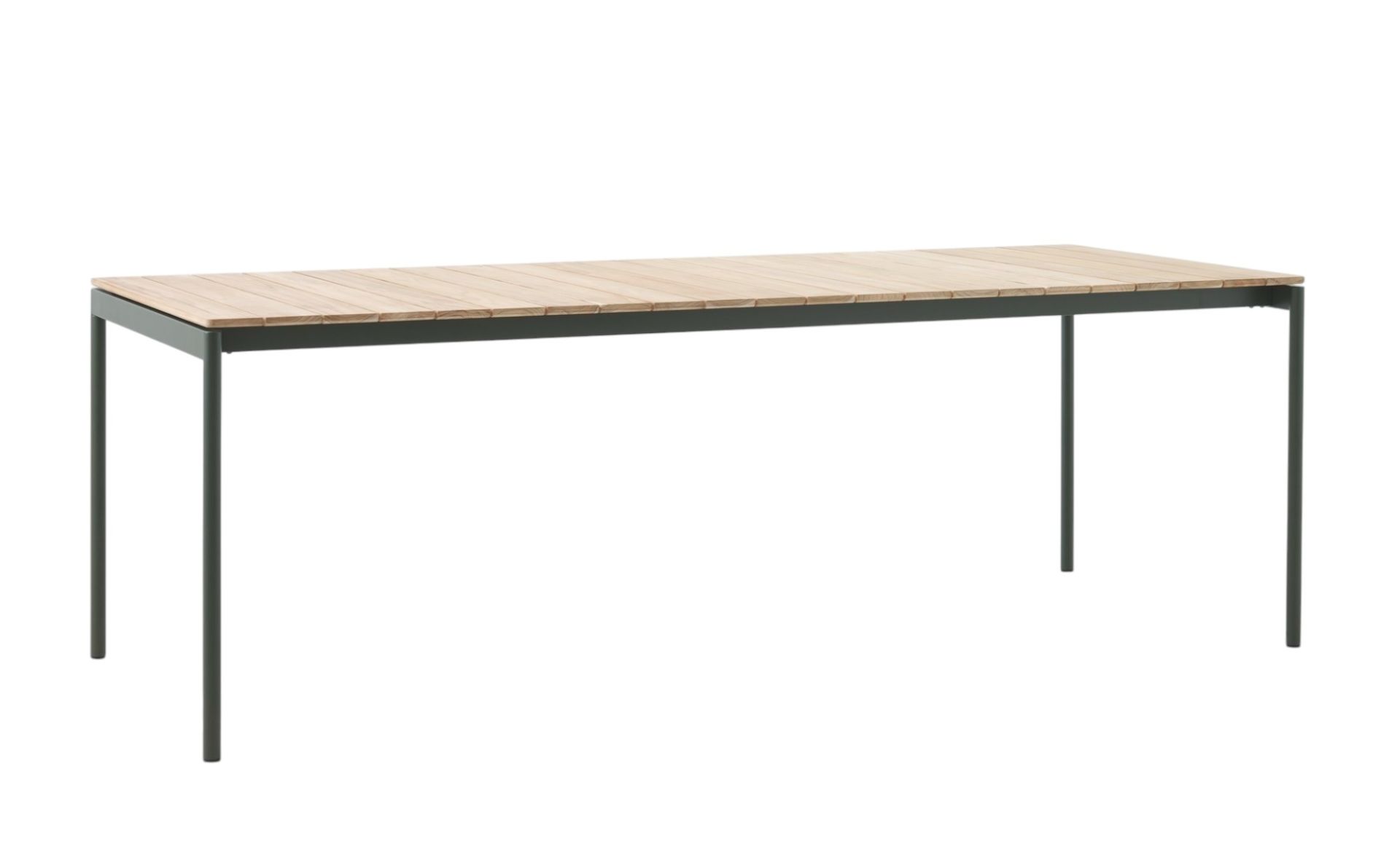 Ville AV26 Outdoor Table von AndTradition: Moderner Gartentisch mit Holzplatte und grünem Metallgestell.