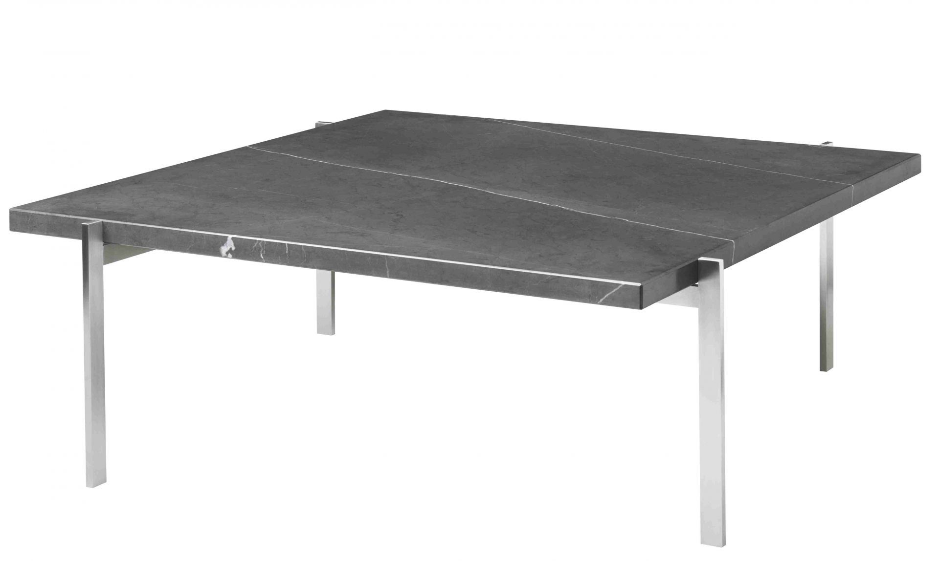 Quadratischer PK 61 Couchtisch von Fritz Hansen mit grauer Marmorplatte und Stahlgestell.