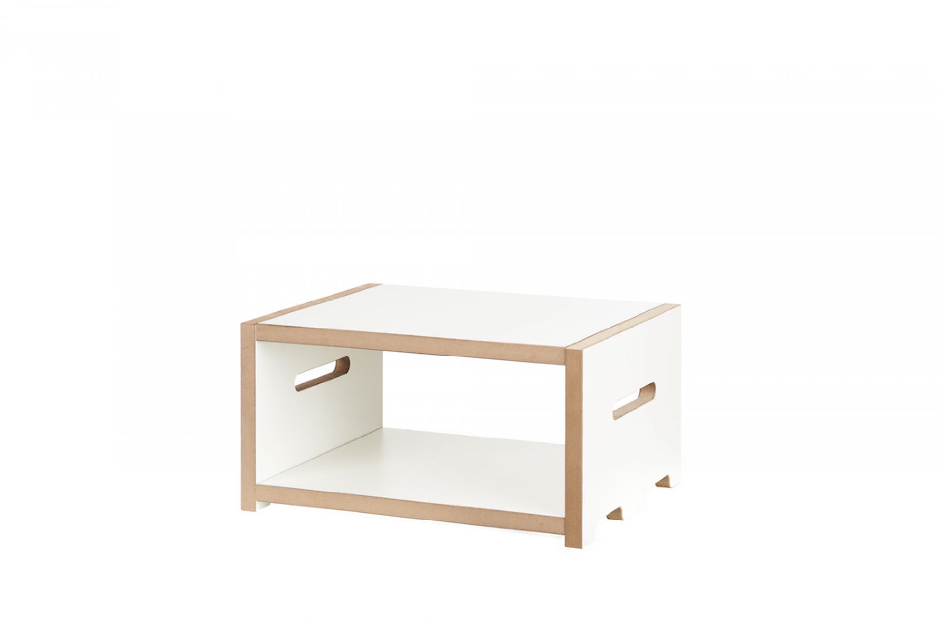 Tojo Halbstark Grundmodul: Weißes, niedriges Regal mit Griffmulden, ideal als Nachttisch oder Beistelltisch.