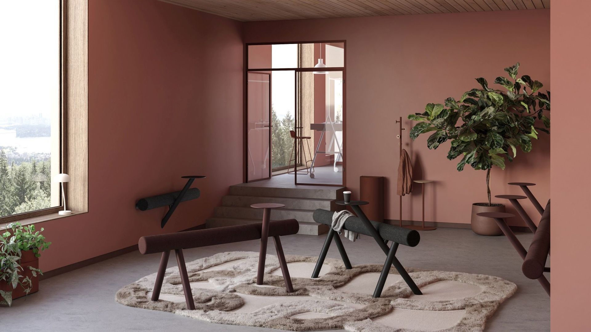 Lumber Floor Sitzmöbel: Gemütlicher Raum mit modernen Sitzbänken und Beistelltischen in Braun und Schwarz.