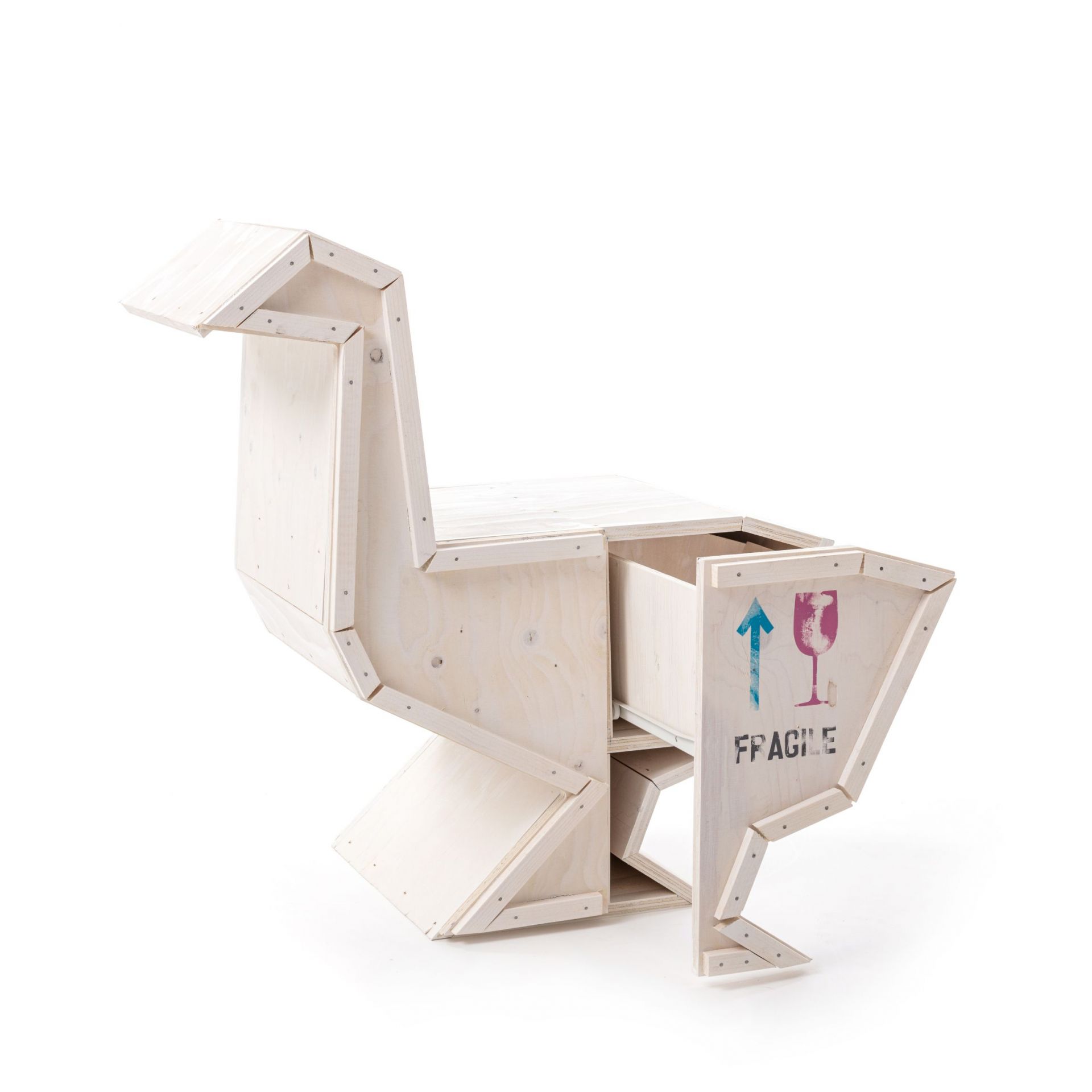 Weißer Seletti Sending Animals Goose Schrank aus Holz, modernes Designmöbel mit Schublade.