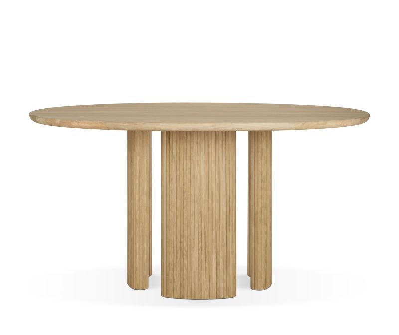 Ethnicraft Roller Max Tisch: Runder Esstisch aus hellem Massivholz mit geriffelten Beinen. Modernes Design.