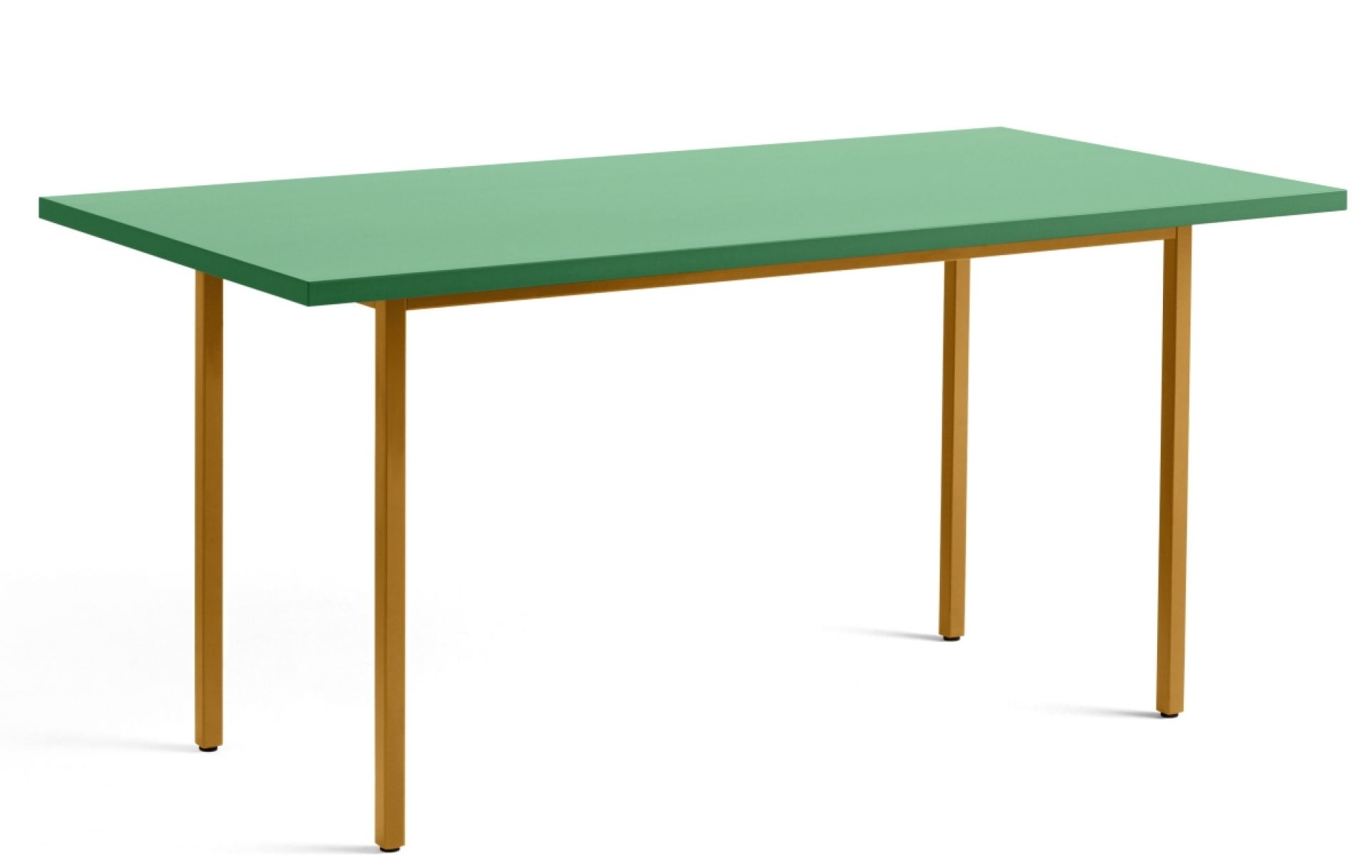 Two Colour Table: Rechteckiger Esstisch mit mintgrüner Tischplatte und ockerfarbenem Gestell, Länge 160 cm.