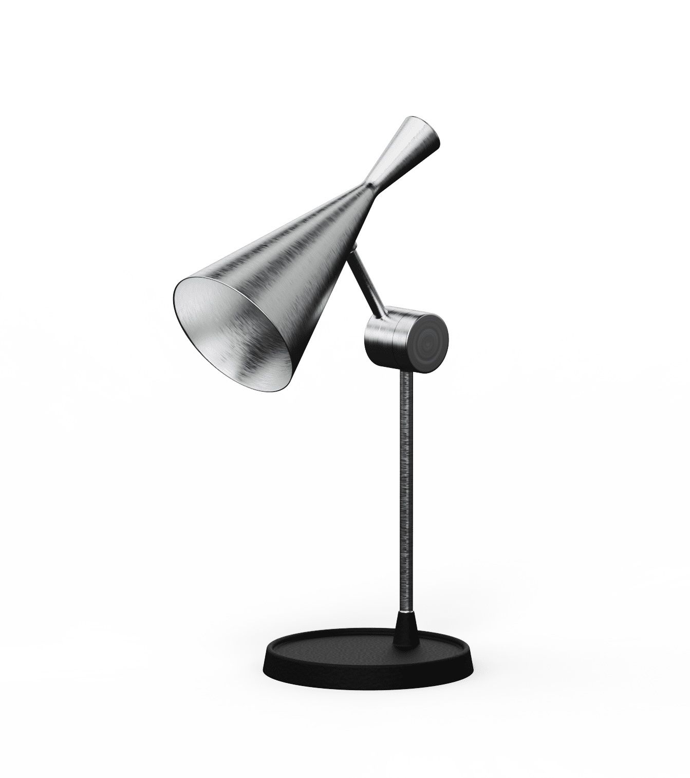 Unbeaten Tischleuchte von Tom Dixon, moderne Schreibtischlampe aus gebürstetem Metall mit schwarzem Fuß.