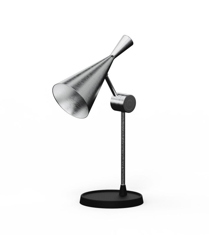 Unbeaten Tischleuchte von Tom Dixon, moderne Schreibtischlampe aus gebürstetem Metall mit schwarzem Fuß.