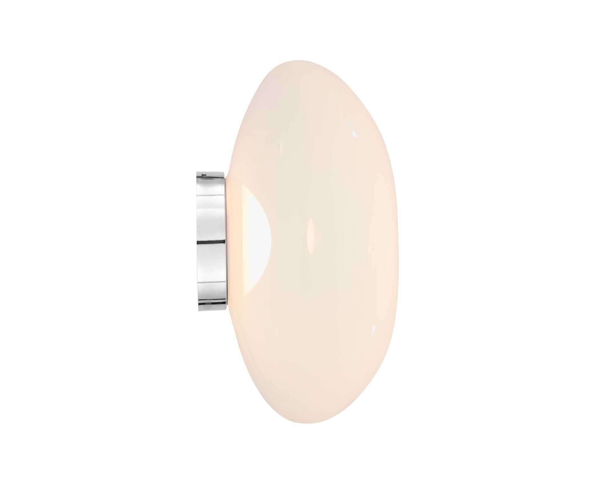 Nahaufnahme der Tom Dixon Melt Surface LED-Wandleuchte in Opal und Silber. Moderne Wandbeleuchtung.