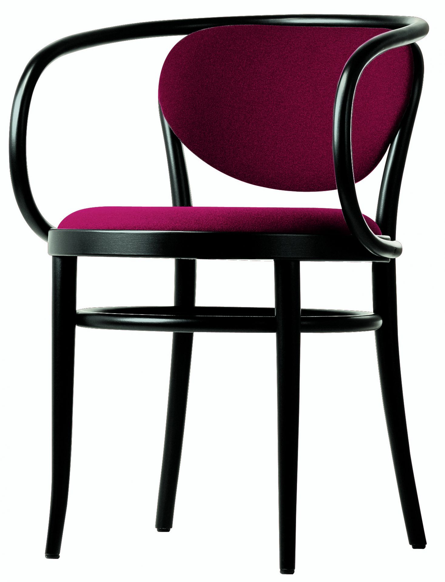 210 P Bugholzstuhl Thonet mit schwarzem Holzgestell und burgunderroter Polsterung, Frontansicht.