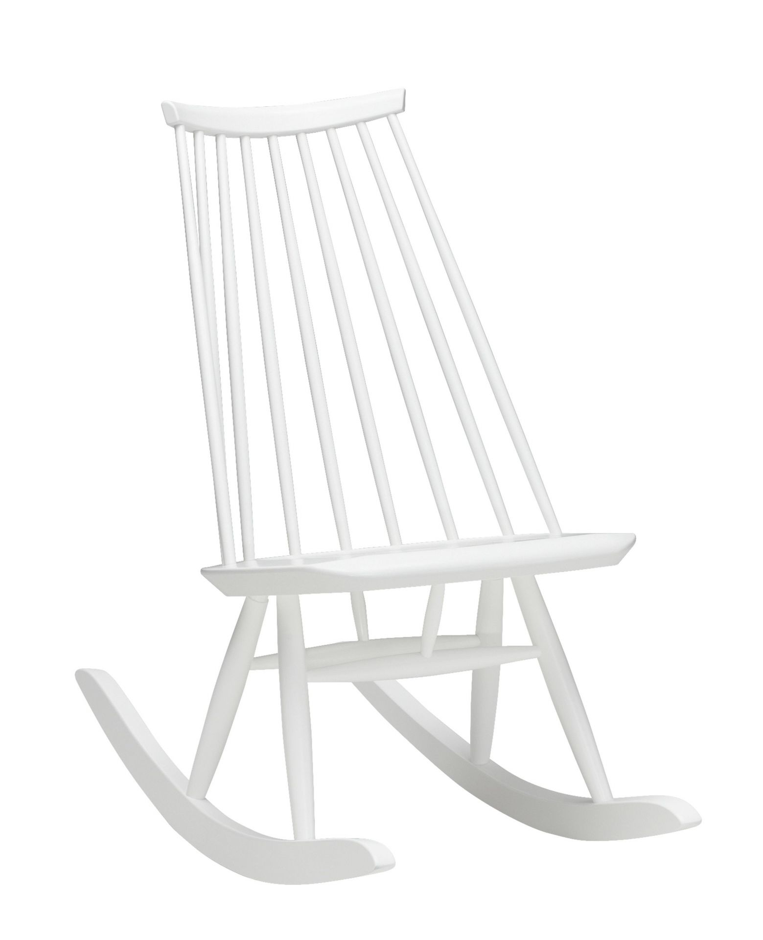 Weißer Mademoiselle Schaukelstuhl von Artek, klassisches Designmöbel für entspannte Momente. Skandinavischer Schaukelstuhl aus Holz.