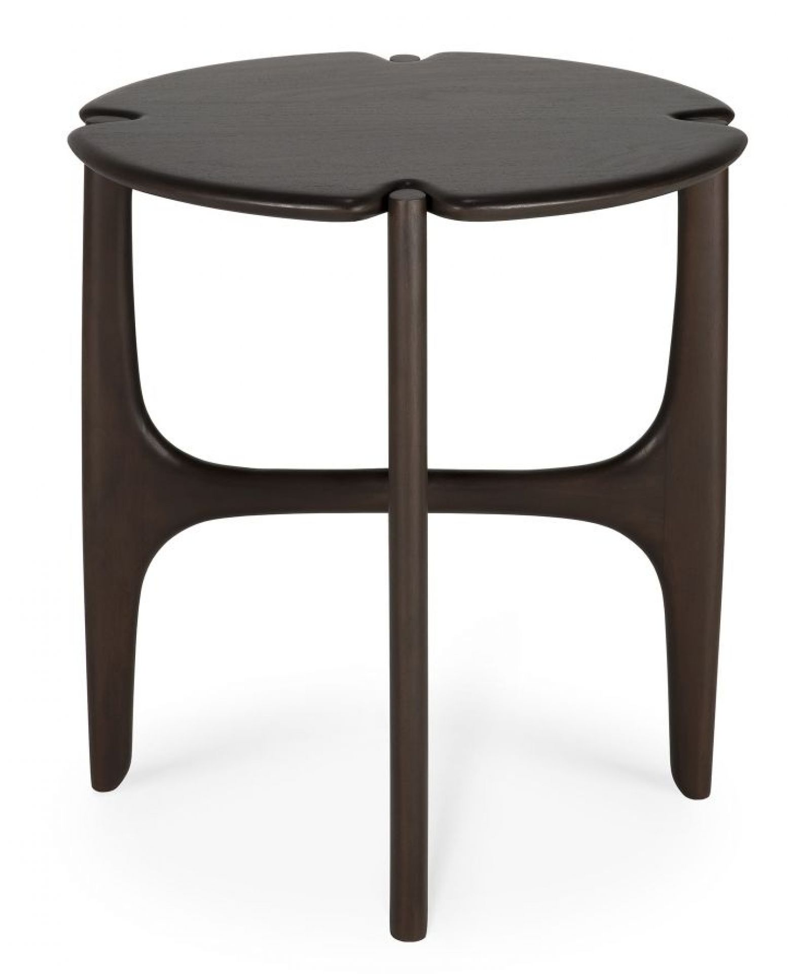 Ethnicraft PI Beistelltisch aus Mahagoni, dunkelbraun lackiert. Kleiner Holztisch mit runder Tischplatte.