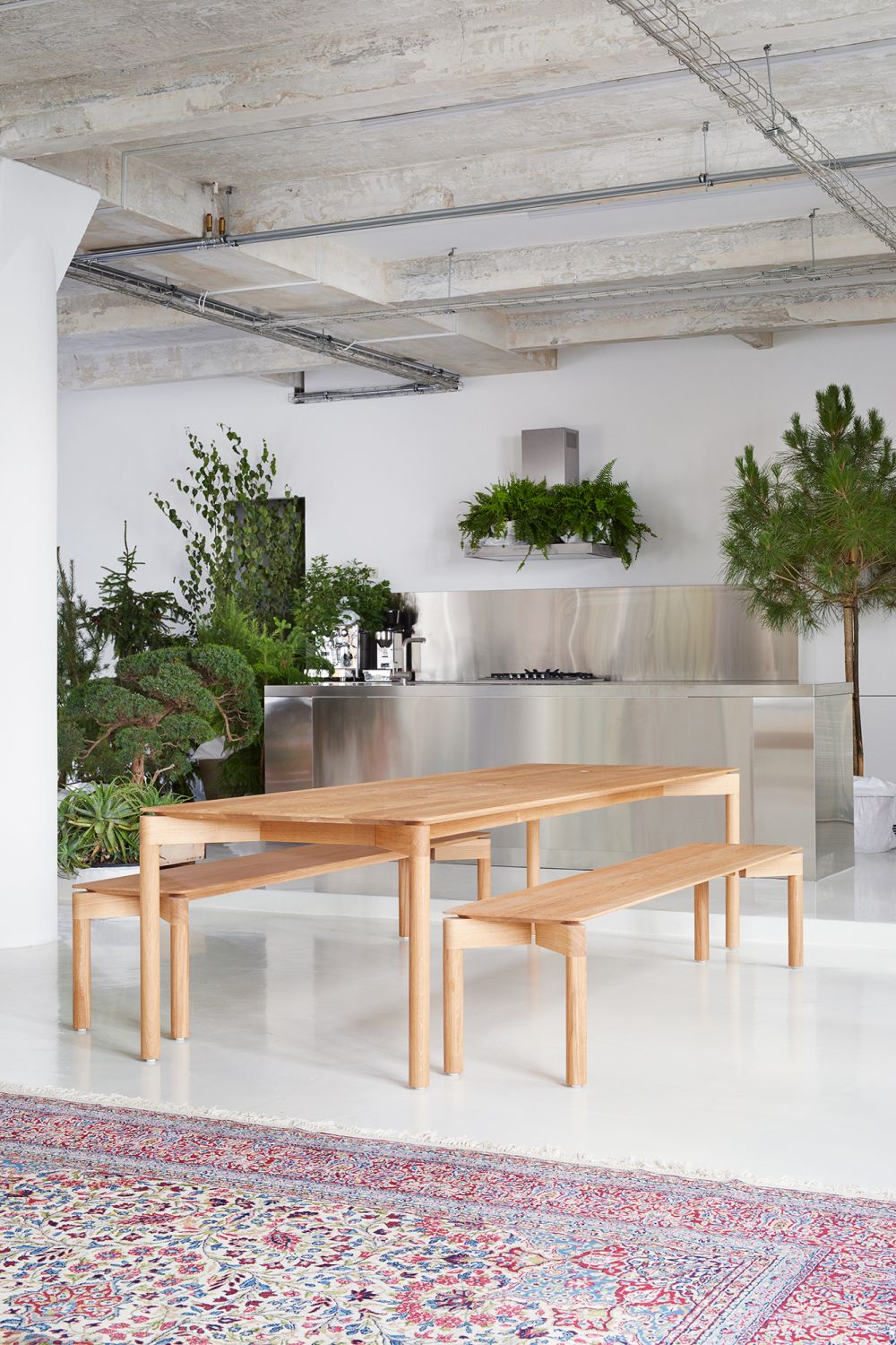 WEDEKIND Tisch Eiche gewachst Large mit passenden Bänken in modernem Küchenambiente.