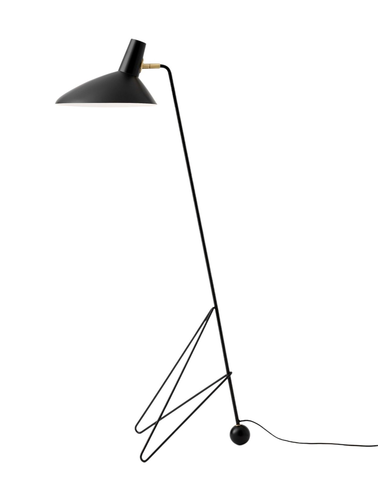 Schwarze Tripod HM8 Stehleuchte von AndTradition mit kegelförmigem Lampenschirm und filigranem Metallgestell.