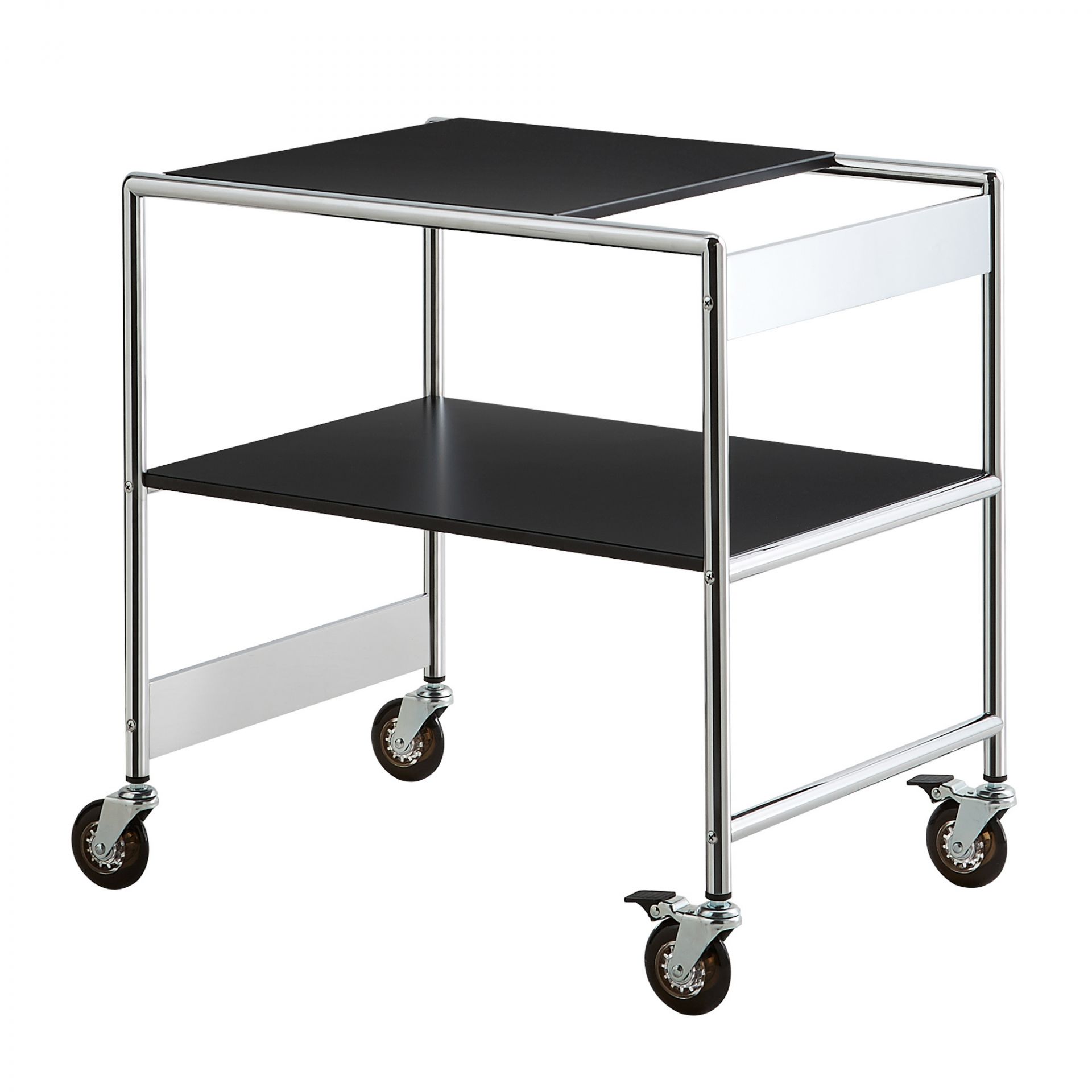 SIR Mox Servierwagen: Moderner Barwagen mit zwei schwarzen Ablageflächen und Chromgestell auf Rollen.