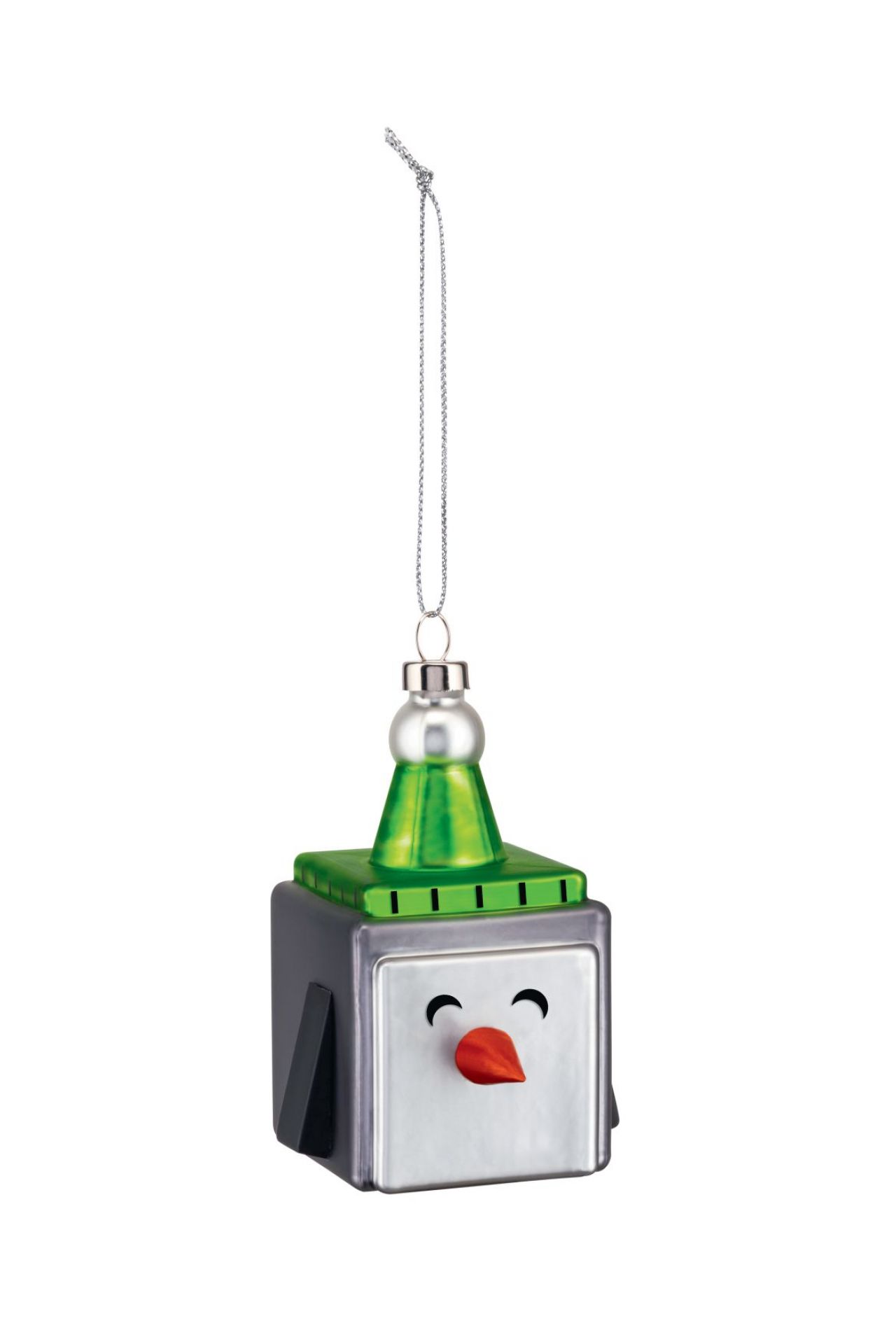 Alessi Cubik Penguin Weihnachtsanhänger: Niedlicher Pinguin als Christbaumschmuck mit grünem Hut und roter Nase.